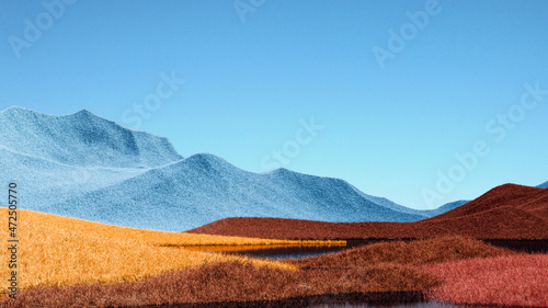 Surreal mountains landscape with bright blue and orange peaks and teal sky. Minimal modern abstract background. Shaggy surface with a slight noise. 3d rendering
