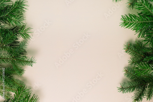 Background of Christmas tree branches on neutral background.