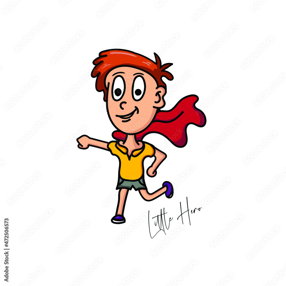 little hero cartoon.little hero character.cute little boy acting using cloth wings little hero cartoon.little hero character.cute little boy acting using cloth wings