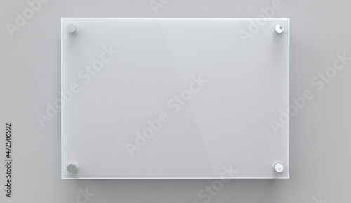 Blank A4 gray glass office corporate Signage plate Template, Clear Printing Board For Branding, Logo. Transparent acrylic advertising signboard mockup front view. 3D rendering