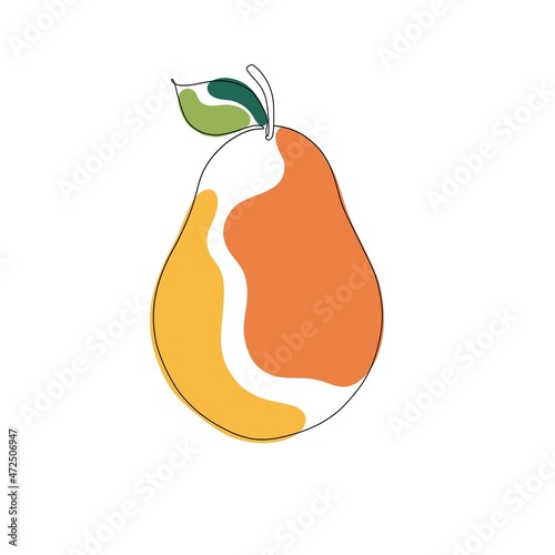One line hand drawn pear with green, yellow, orange splashes. Vector minimalist illustration isolated on white background. 