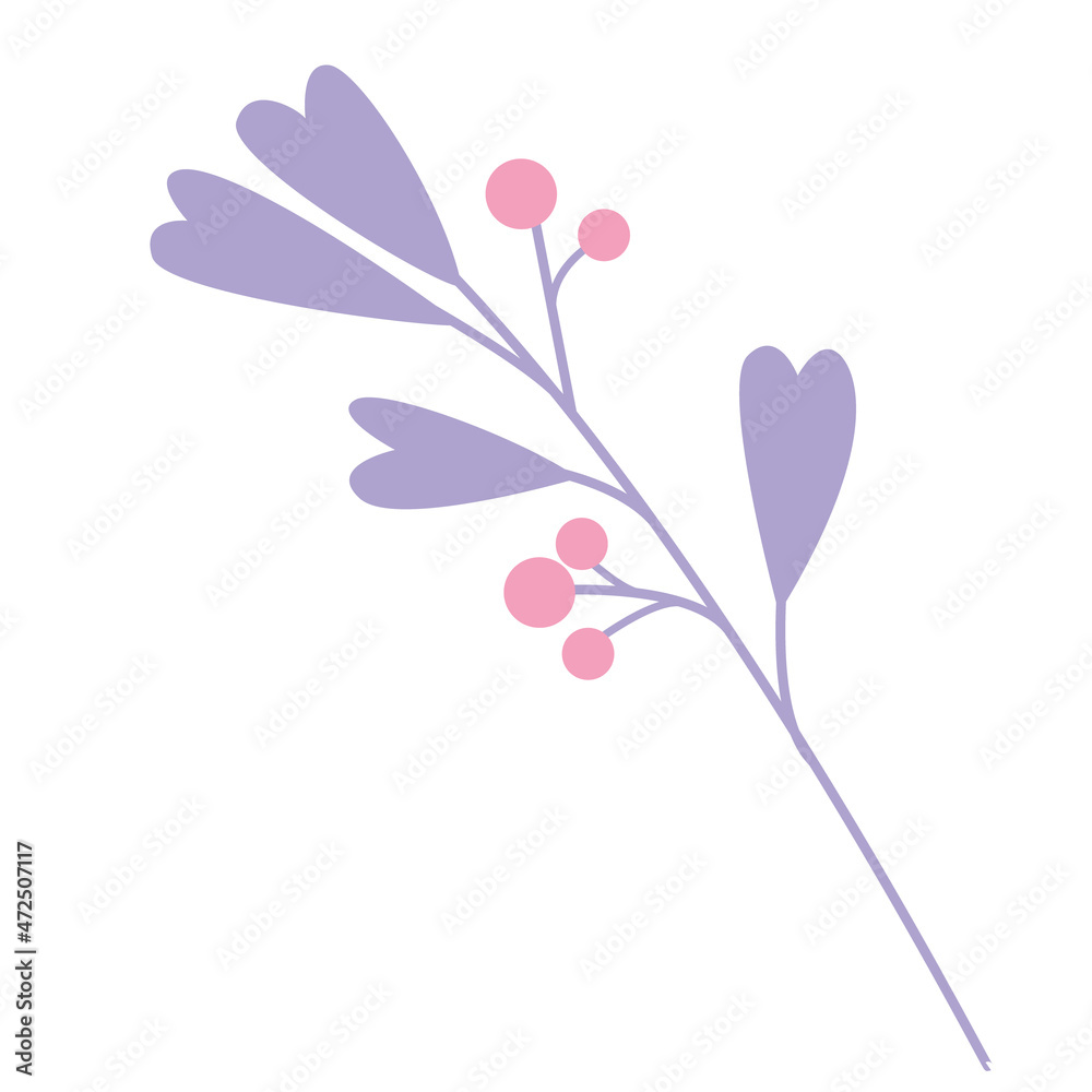 Obraz premium Vector branch with leaves and berries on a white background. Floral elements, leaves, branches, hearts. Botanical illustrations. Pastel twigs with hearts and berries. Twigs for design