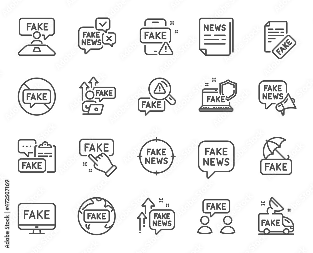 Fake news line icons. Social media propaganda, Newspaper, Conspiracy of truth. Wrong facts, Fake information, False loudspeaker outline icons. Misleading news, People lies and propaganda truck. Vector