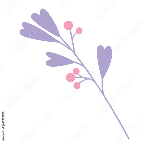 Vector branch with leaves and berries on a white background. Floral elements, leaves, branches, hearts. Botanical illustrations. Pastel twigs with hearts and berries. Twigs for design