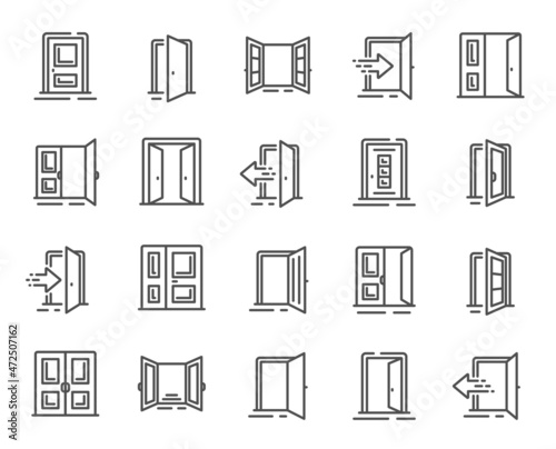 Entrance line icons. Open door, Building entry, Emergency exit. Closed doorway, Doorframe, House entrance outline icons. Door knob, home entry, building access. Interior gate, double door. Vector