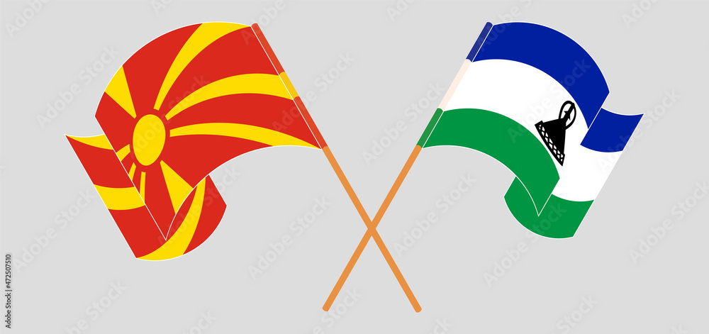Crossed and waving flags of North Macedonia and Kingdom of Lesotho Crossed and waving flags of North Macedonia and Kingdom of Lesotho