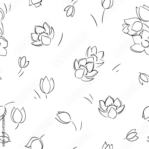 Vector seamless background. Black flowers on white background