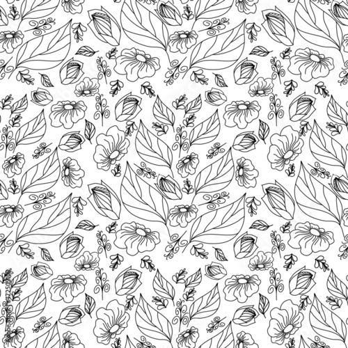 Seamless floral pattern with flowers and leaves isolated on white in digital doodle technique vector illustration 