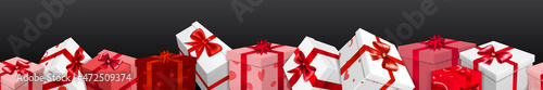 Banner with bunch of red, pink and white gift boxes with ribbons, bows and pattern of hearts. On black background, with seamless horizontal repetition. Valentine's Day illustration.