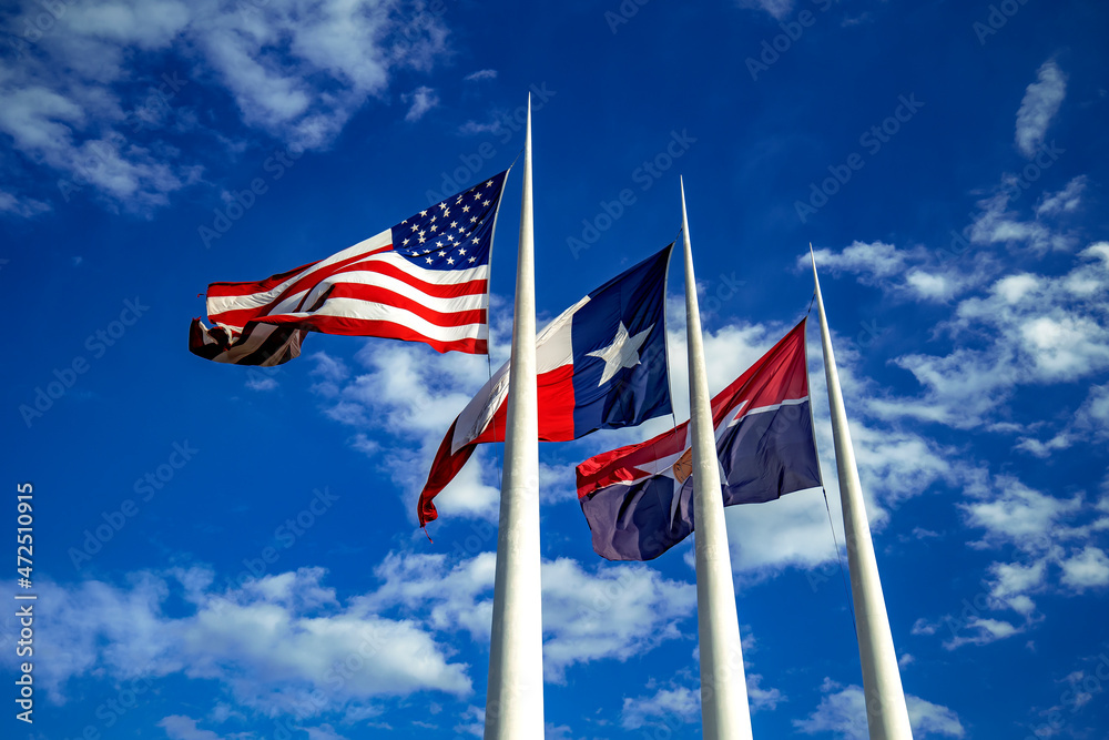 Fototapeta premium USA, Texas State and Dallas city flags in wind