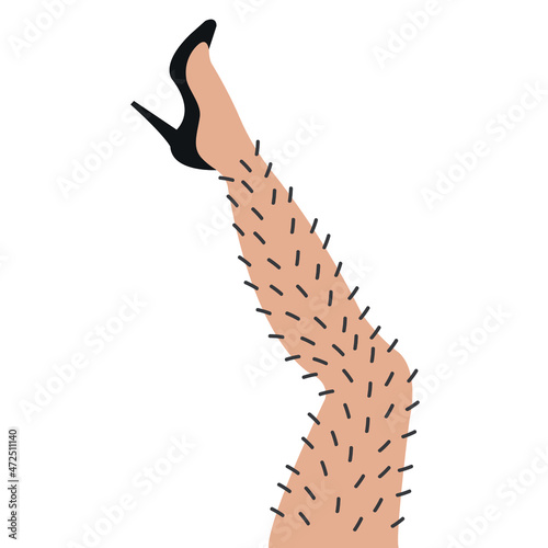 An illustration of an unshaven leg wearing black high heel shoes. Hair removal concept.  Isolated on white.