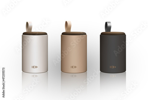 handsfree portable outdoor speakers realistic vector illustration. 3d concept model of blue tooth wireless speaker Music column front view Isolated on white. Golden, white, black computer accessorise 