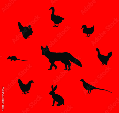 Cunning hungry fox lurks prey vector silhouette illustration isolated. Smart animal predator. Fox hunting hen chicken goose, turkey. Farm chantry poultry in danger. Rabbit, rats, pheasant, wood goose.