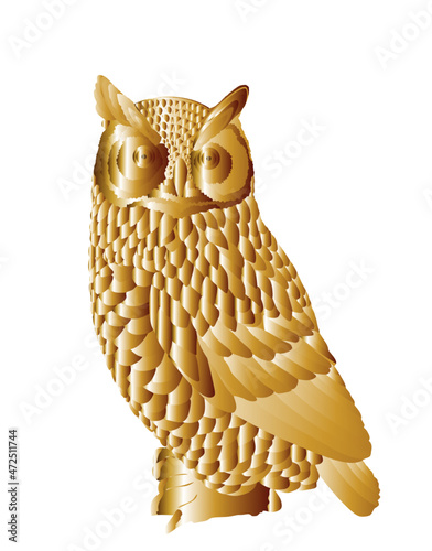 Luxury golden owl vector illustration isolated on white background. Night bird hunter. Zoo gold animal, scary spooky night Halloween symbol. Rich bird sign of prosperity and rich life. Happy and lucky