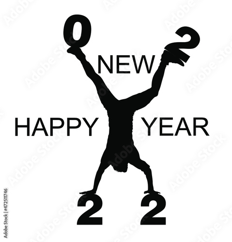 Animator acrobat man wish Happy New Year 2022 doing cartwheel exercise. Handstand position vector silhouette illustration. Standing on hand pose. Hand stand athlete performer. Stunt exercising. 