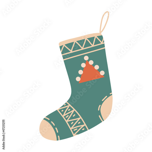 Christmas stocking for gifts. Traditional decorative element. Ornate holiday stockings and socks for gifts