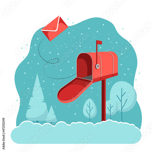 Open mailbox. Christmas letter to the address. Red vector envelope. The paper message has been delivered to the post box. Winter landscape, trees, fir trees, snowflakes.