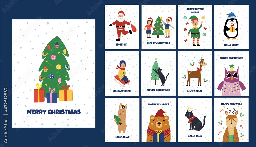 Christmas greeting cards set with cute winter animals, kids, Santa Claus. Christmas holiday tags bundle. Festive postcards collection. Vector illustration