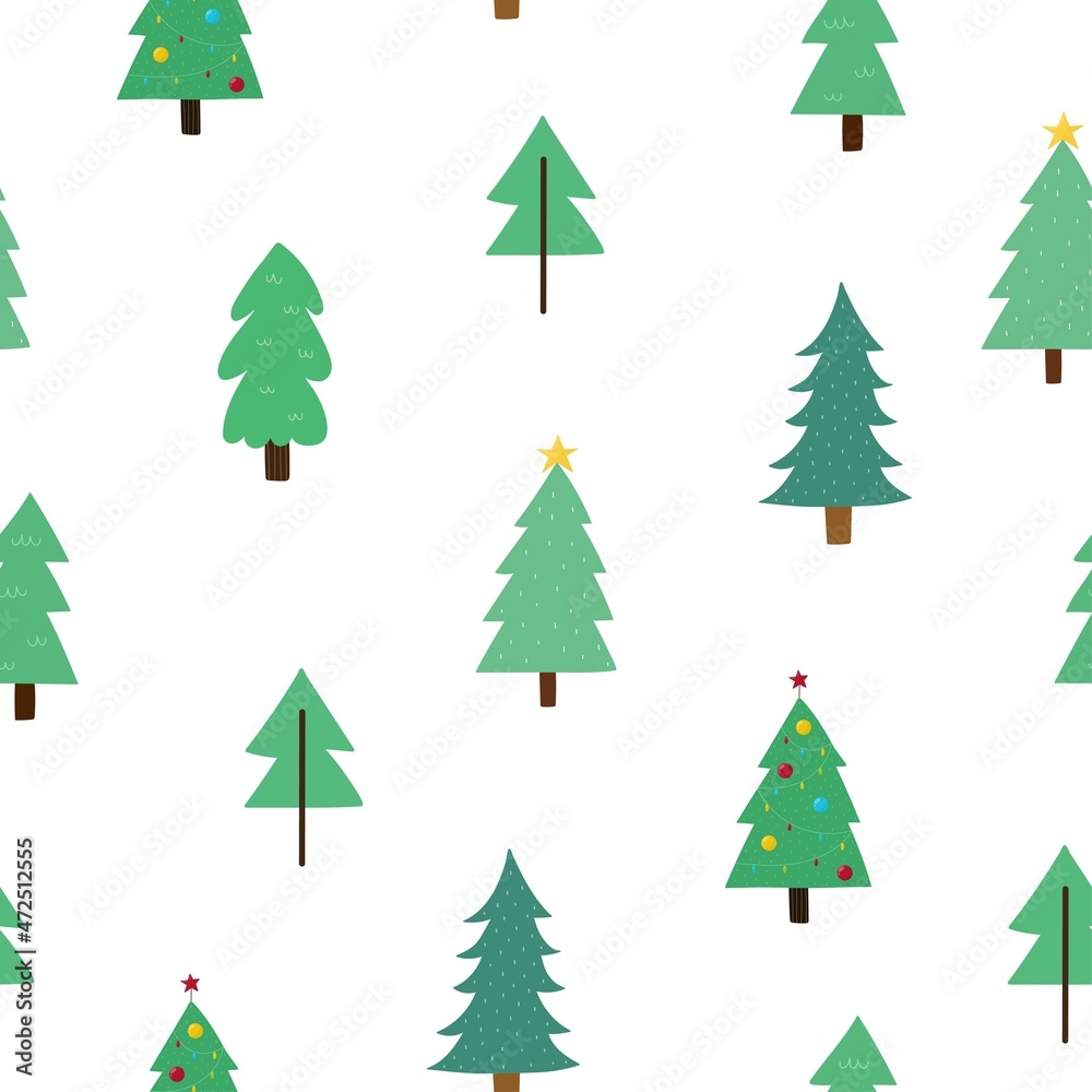 Christmas trees seamless pattern. Cute winter background. Funny xmas holiday wallpaper. Vector illustration