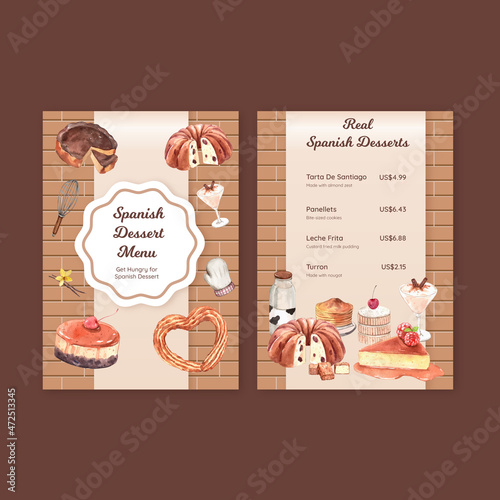 Menu template with Spain dessert concept,watercolor style