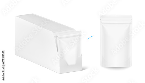 Show box with pouch pack packaging mockups for food, pet, cosmetic or hygiene. Vector illustration on white background. Ready for your design. EPS10.  © realstockvector