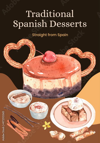 Poster template with Spain dessert concept,watercolor style
