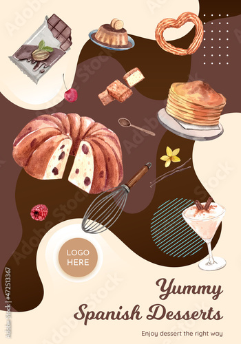 Poster template with Spain dessert concept,watercolor style