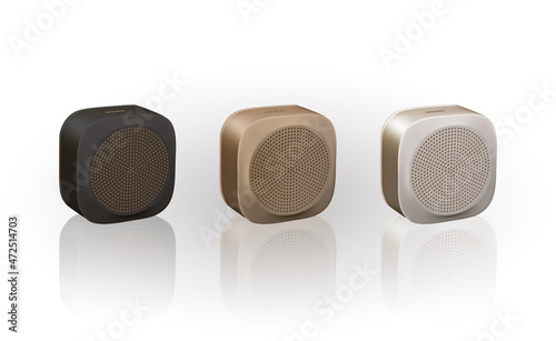 handsfree portable outdoor speakers realistic vector illustration. 3d concept model of wireless square speaker Music column front view Isolated on white. Golden, white, black computer accessorises