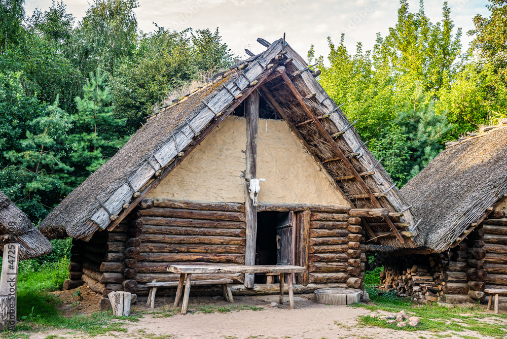 Biskupin, Poland - August 09, 2021. Archaeological site and a life-size model of a late Bronze Age fortified settlement in north-central Poland Biskupin, Poland - August 09, 2021. Archaeological site and a life-size model of a late Bronze Age fortified settlement in north-central Poland