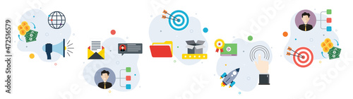 Marketing, business, solution strategy and communication icons. Concepts of marketing budget, business network, solution strategy, communication. Flat design icons in vector illustration. 