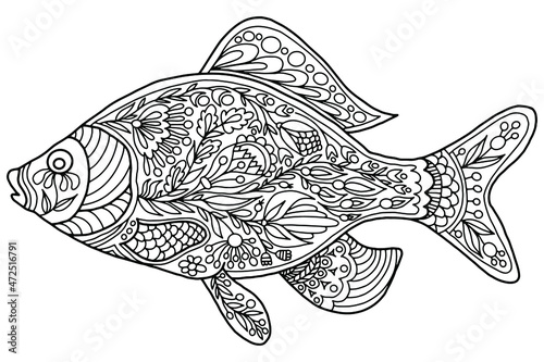 drawn coloring fish with flowers and linear ornaments in folk style on a white background, vector