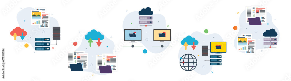 Concepts of file transfer, backup data document, exchange data computer and cloud computing. Flat design icons in vector illustration.