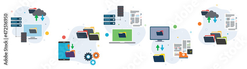 Computer, backup, report, data and cloud computing icons.