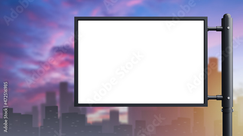 Advertising sign mock up. Blank advertising banner on background of city. Free signboard for your advertisement. Copy space on white. Sunset over city buildings. Mock up for your ads. 3d image.