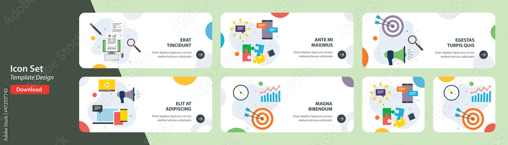 Web banners template in vector with icons of digital marketing analysis, content marketing, strategy and increase conversion. Flat design icons in vector illustration.