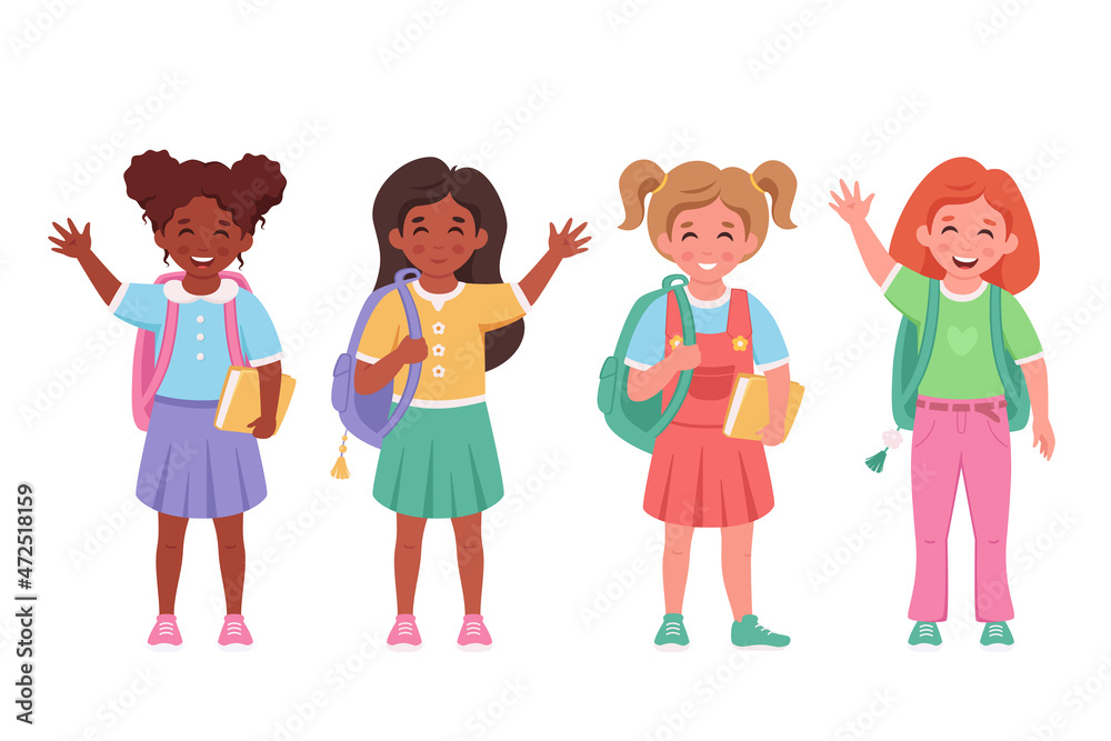 Children of different nationalities with backpacks and books. Kids going to school. Elementary school students. Vector illustration