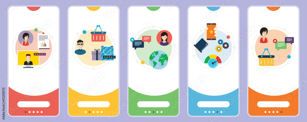 Evaluation internet support, consumer experience, customer service and performance analysis. Web banners template with flat design icons in vector illustration.