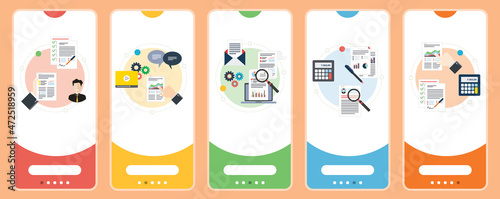 Concepts of business document, paperwork management, corporate document, paperwork analysis. Web banners template with flat design icons in vector illustration.