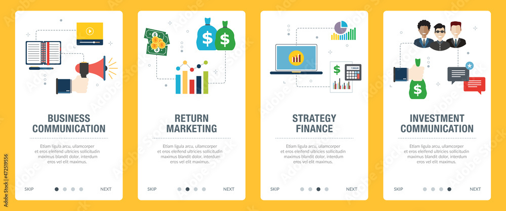 Business, communication, marketing, strategy, and finance icons. Web banners template with flat design icons in vector illustration. Business, communication, marketing, strategy, and finance icons. Web banners template with flat design icons in vector illustration.