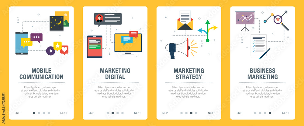 Communication, marketing digital, strategy and business icons. Web banners template with flat design icons in vector illustration.