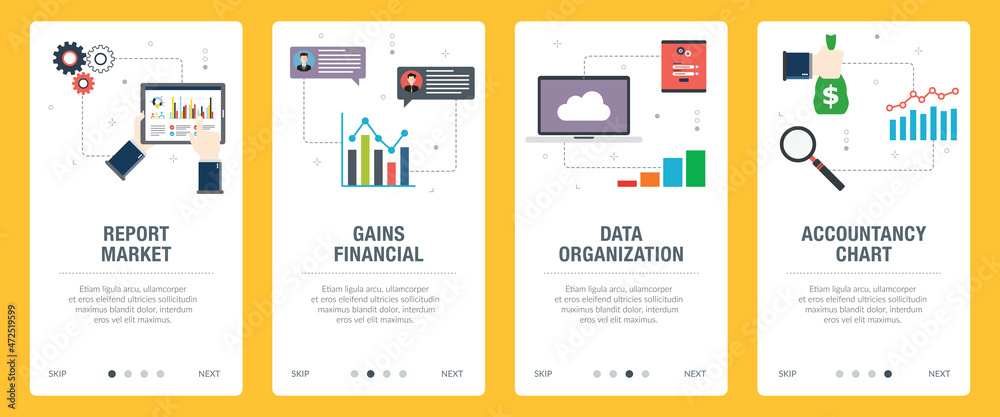 Finance, report, computer, financial, data and accountancy icons. Web banners template with flat design icons in vector illustration.