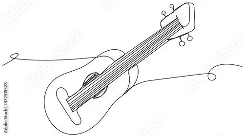 Abstract guitar in one line on a white background. Vector illustration of a stringed musical instrument. Concept of online guitar lessons, soulful symphonic concert, bard song.