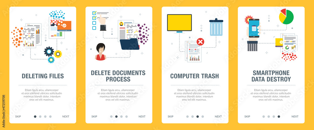 Concepts of deleting files, delete documents, computer trash and smartphone data destroy. Web banners template with flat design icons in vector illustration.