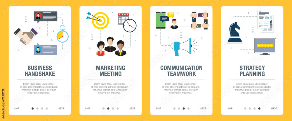 Concepts of business handshake, marketing meeting, communication teamwork and strategy. Web banners template with flat design icons in vector illustration. Concepts of business handshake, marketing meeting, communication teamwork and strategy. Web banners template with flat design icons in vector illustration.