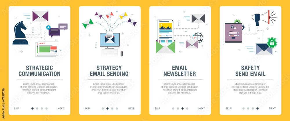 Concepts of communication, strategy email sending, newsletter and safety send email. Web banners template with flat design icons in vector illustration. Concepts of communication, strategy email sending, newsletter and safety send email. Web banners template with flat design icons in vector illustration.