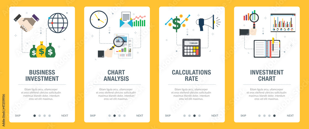 Business, investment, analysis, calculations and rate icons. Concepts of business investment, chart analysis, calculations rate and investment chart.