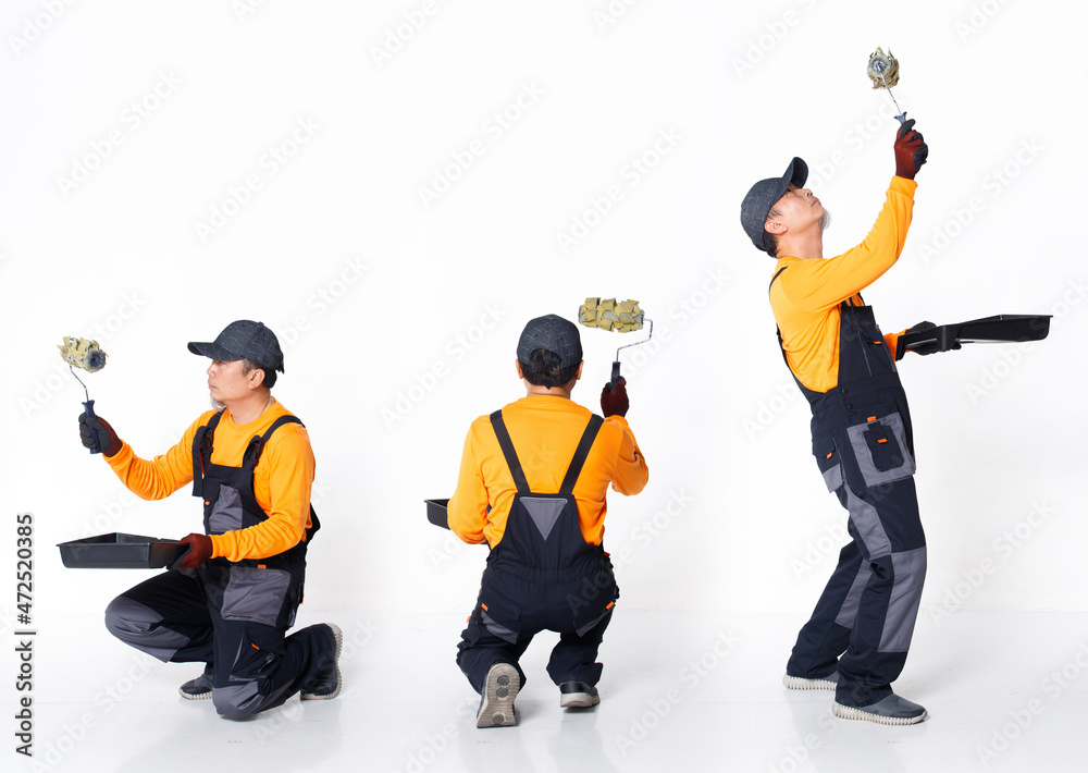 Senior Asian Man wear Orange uniform shirt hat and glove as painter labor, stand sit act painted Senior Asian Man wear Orange uniform shirt hat and glove as painter labor, stand sit act painted