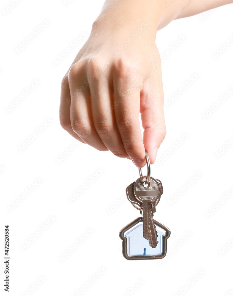 Woman with key from house on white background Woman with key from house on white background