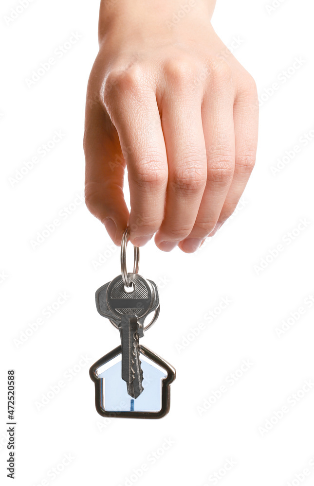 Woman with key from house on white background Woman with key from house on white background