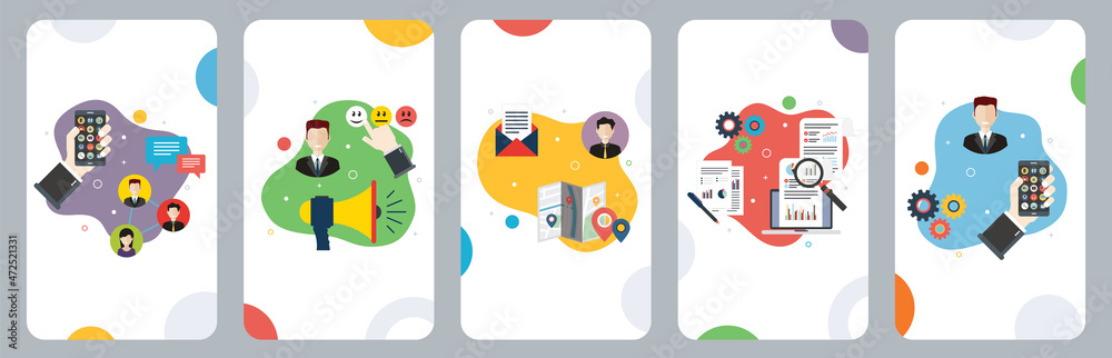 Marketing, communication, social media, relationship and metrics icons.